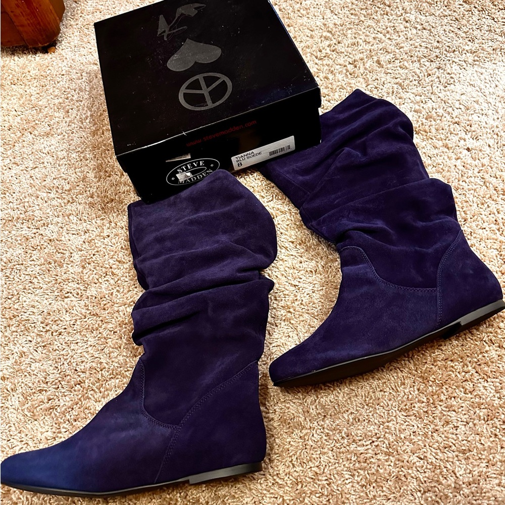 NEW - STEVE MADDEN BLUE SUEDE SLOUCH BOOTS - Picture 7 of 11